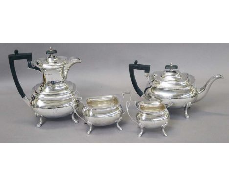 A Four-Piece George V Silver Tea-Service, by Walker and Hall, Sheffield, 1937, each piece baluster and on four scroll feet, e