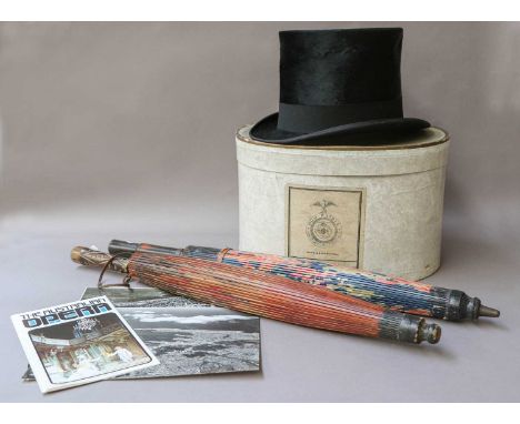 View of Newcastle Engraving Signed Rowland Langmaid, two decorative paper parasols, a small silk top hat in a card box, ephem