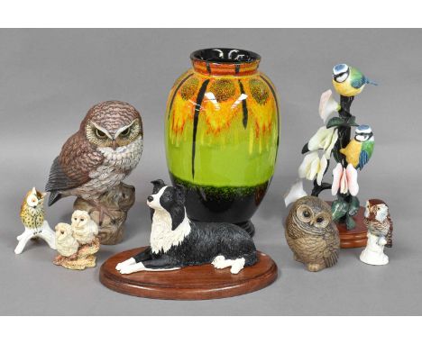 Border Fine Arts ' Pair of Blue Tits and Sweet Pea', 'Border Collie' both boxed, small Owl group and 'Two Goebels Owl figures