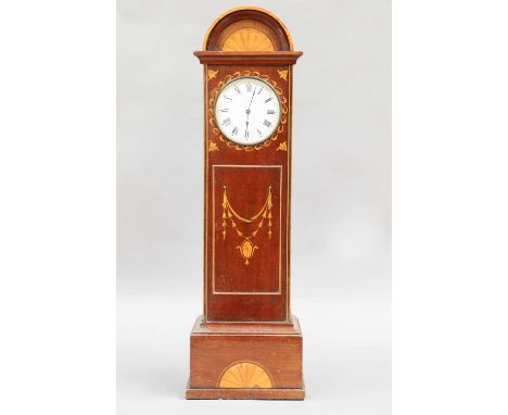A Sheraton Revival Miniature Mahogany Longcase Clock, housing a timepiece with platform escapement, with enamel dial signed M