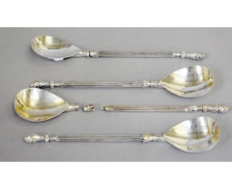 A Set of Four Silver Spoons, Apparently Unmarked, Possibly 19th Century, each with fluted stems and cast finials, one a/f, 22