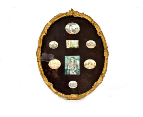 Early 20th Century Indian School eight enamel miniatures, depicting figures and architectural scenes, largest 5.7 cm x 4.7 cm