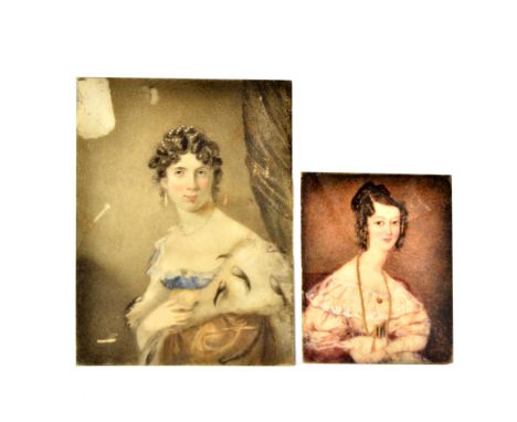 19th Century British School miniature on ivory, 'Portrait of a Young Lady Wearing Pearls and a Fur Stole', 13.1 cm x 10 cm; t