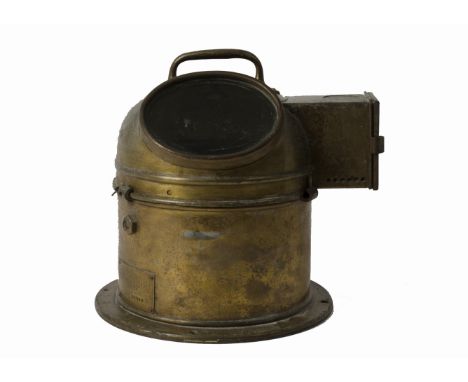 A 20th Century brass binnacle compass case, domed cylindrical form, lift off hood with oval window and illumination box to si