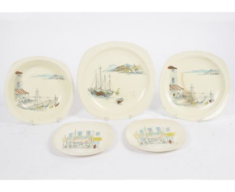 A group of Midwinter tableware with 'Riviera' and 'Cannes' designs by Hugh Casson, including dinner plates, side plates, ture