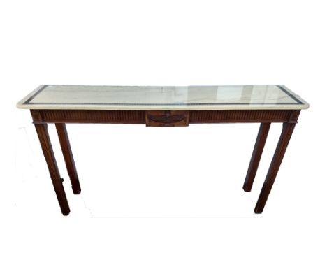 A Regency style mahogany console table, faux marble top with Greek key decoration, classical urn decoration, reeded supports,