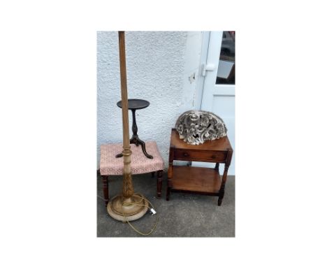 An antique mahogany two-tier side table, single drawer; together with a mahogany stool, turned supports; an antique carved wo