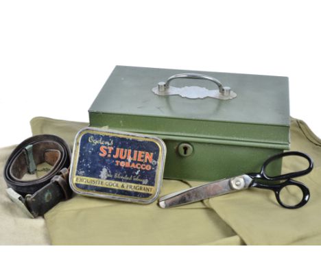 A miscellaneous collection, including a vintage Victa Series cash tin, a pair of pinking shears, a group of textiles, and Ogd