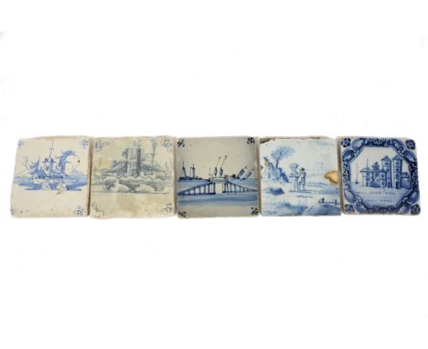 An 18th Century Landen Delft tile, painted in blue with a scene of a church, together with an 18th Century Liverpool tile and