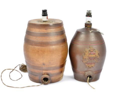 Two ceramic lamp bases converted from spirit barrels, one with royal coat-of-arms, 32 cm high; the other by Charles Bastin, U