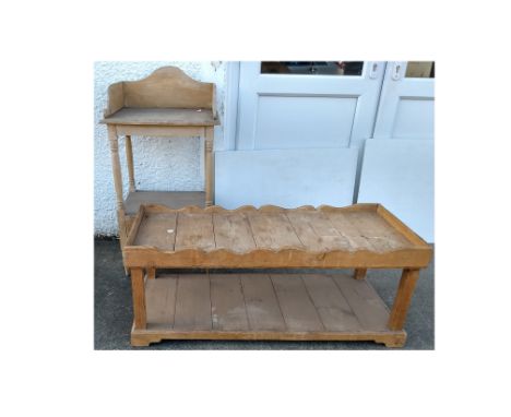 A pine two-tier coffee table, shaped gallery to top, bracket feet, 106 cm wide x 45 cm deep x 43 cm high; together with a 19t