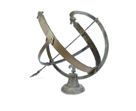 A 20th Century cast iron armillary sundial, decorated with Roman numerals and fleur-de-lys, 44 cm high