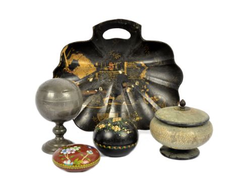 A Chinese papier-mâché scallop shaped tray, lacquered decoration of women in an interior, 31 cm wide; together with other Chi