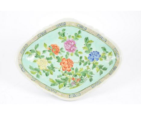 A 20th Century Chinese ceramic dish, lobed lozenge form, polychrome floral decoration, character marks to base, 46 cm wide