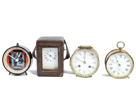 A French brass carriage clock by Duverdrey &amp; Bloquel, white enamel dial, bevelled glass, leather case, marked to backplat