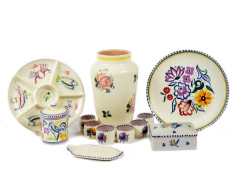 A collection of Poole Pottery Traditional ware, including a vase, shape 595; bowl, shape 565; hors d'oeuvre dish, shape 362; 