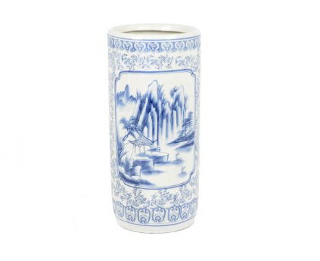 A 20th Century ceramic blue and white stick stand, two panels, one with Japanese lake scene, the other with floral and butter