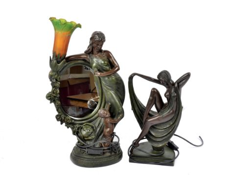 A modern Widdop Bingham Art Nouveau style figural table lamp, with mother and child, oval mirror, orange and green glass shad