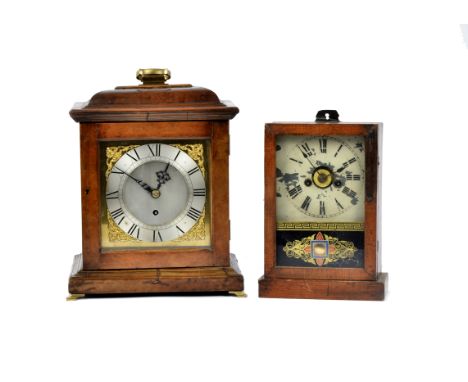 A 19th Century walnut cased mantle clock, 30 hour movement, glazed panel door revealing square brass dial and steel chapter r