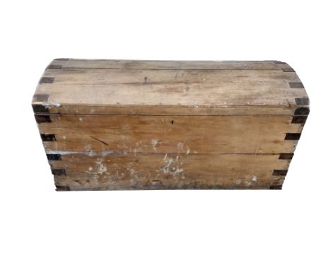 A vintage pine and iron bound twin-handled trunk, hinged dome lid, 121 cm wide x 61 cm deep x 62.5 cm high