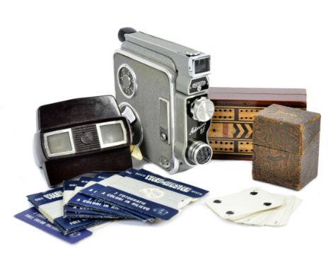 A 1960s Meopta Admira 8F 8mm cine camera, leather case; together with a Mauchline ware cribbage board depicting Bunker Hill m