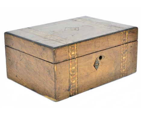 A 19th Century Tunbridge ware walnut and inlaid box, hinged lid, 30 cm wide; together with a walnut snuff box; a gilt metal c