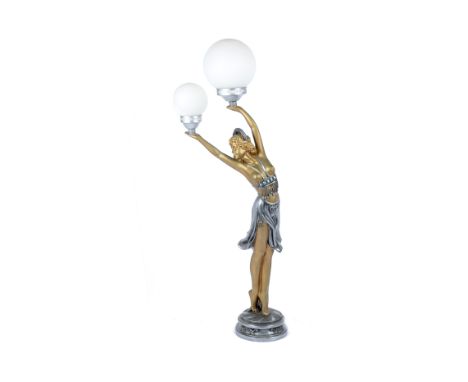 A modern Widdop &amp; Bingham Art Deco style resin table lamp in the form of a dancer, holding a glass globular shade in each