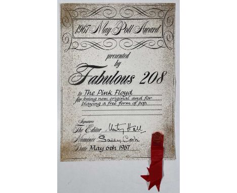 An original paper presentation with wax seal pennant, presented by 'Fabulous 208' magazine to 'The Pink Floyd' in recognition