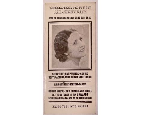 An original ticket (10.5 x 23cm) for the 'International Times First All Night Rave' with performances by Pink Floyd, Soft Mac
