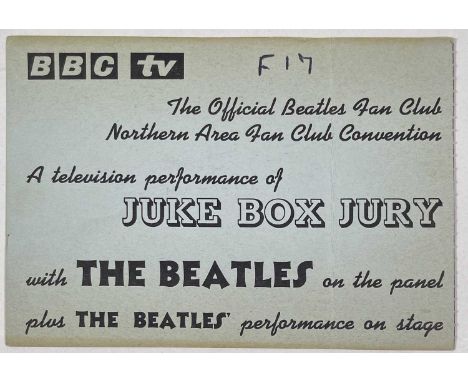 An original card ticket for The Beatles' performance on 'Juke Box Jury', December 1963. 14.5 x 10.3cm. Very good condition wi