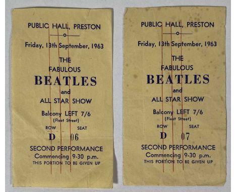 A pair of ticket stubs for The Beatles at Public Hall, Preston, Friday 13th September, 1963. Each portion measures 6.5 x 11.5