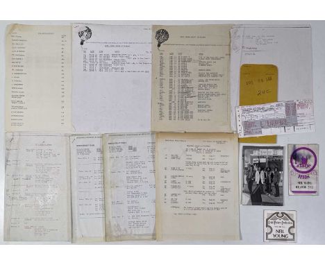 Collection of documents relating to c 190-1973 Neil Young and Crazy Horse tours/concerts. To inc: plane ticket stubs in the n