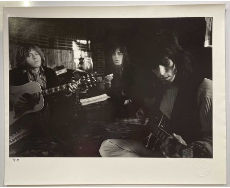 A silver gelatin print (16 x 20") of an image by Michael Cooper, depicting The Rolling Stones at Redlands. #1/15. With Michae