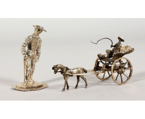 TWO DUTCH SILVER MINIATURE MODELS, a standing male figure and a horse and cart. Various Sizes.