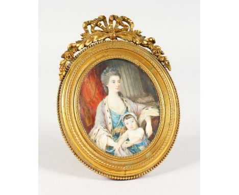 A GOOD 19TH CENTURY OVAL PORTRAIT MINIATURE, of a lady and young child by her side, in an ornate ormolu frame. 6.25ins high.