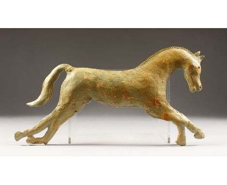 AN EARLY PAINTED METAL WEATHER VANE, modelled as a prancing horse. 15ins long.