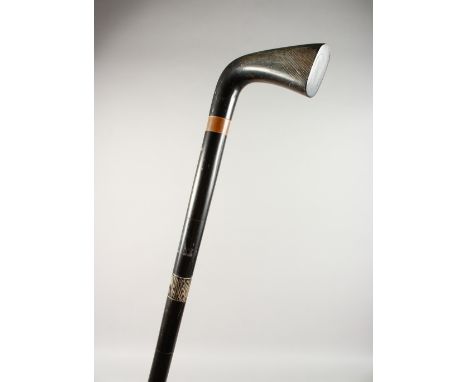 A HEAVY BOVINE-HORN-HANDLED WALKING STICK 3ft long.