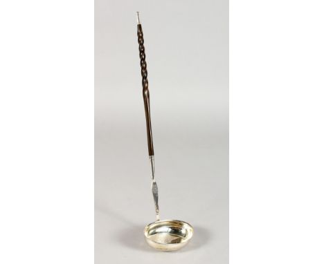 A SILVER TODDY LADLE, with oval bowl and twisted horn handle. 13ins long.