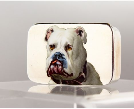 A VICTORIAN SILVER AND ENAMEL VESTA, the lid with a BULLDOG. 2ins long.  London 1887.  Maker: G.H.