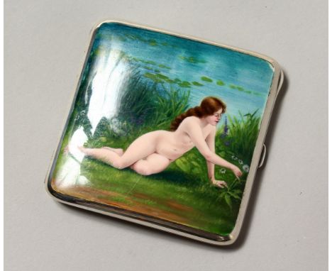 A .935 SILVER AND ENAMEL CIGARETTE CASE, the lid with a nude on the bank of a pond picking flowers. 3.25ins x 3.25ins, contai