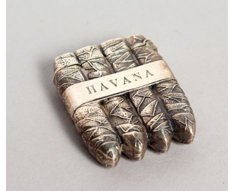 A NOVELTY SILVER HAVANA CIGAR VESTA CASE.&nbsp;42mm x 35mm x 10mm