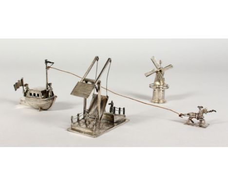 THREE DUTCH SILVER MINIATURE MODELS, a windmill, a drawbridge and a horse drawn barge. Various Sizes.