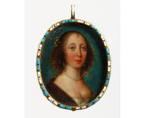 17TH CENTURY ENGLISH SCHOOL Portrait head and shoulders of a young lady, wearing a strand of pearls, pearls in her hair. 6cms