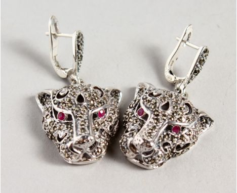 A PAIR OF RUBY SET PANTHER EARRINGS.