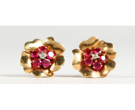 A PAIR OF MEGAN PROMIS BREVETTE GOLD, DIAMOND AND RUBY EARRINGS, in a BOUCHERON FITTED CASE.