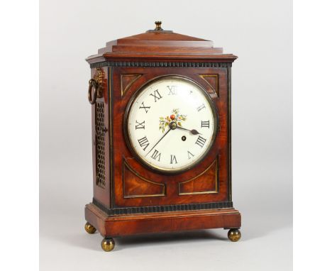 A REGENCY MAHOGANY BRACKET CLOCK, with chain fusee movement, painted circular dial in an architectural case, possibly a marri