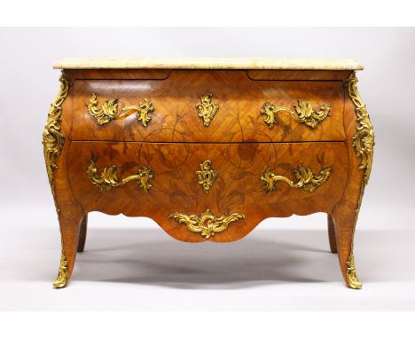 A SUPERB LATE 19TH CENTURY LOUIS XVI DESIGN BOMBE SHAPED MARQUETRY KINGWOOD COMMODE by LIMOAT, with veined serpentine top, fi