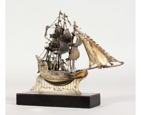 A CONTINENTAL SILVER MODEL OF A THREE MASTED SAILING SHIP, the stand marked with continental and English import marks for 192