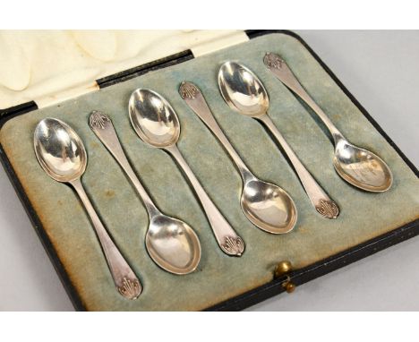 A SET OF SIX SILVER COFFEE SPOONS, cased. Walker &amp; Hall, Sheffield 1934.