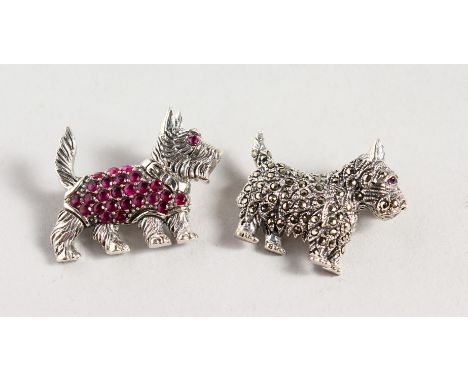 TWO SILVER SCOTTISH TERRIER GEM SET BROOCHES.